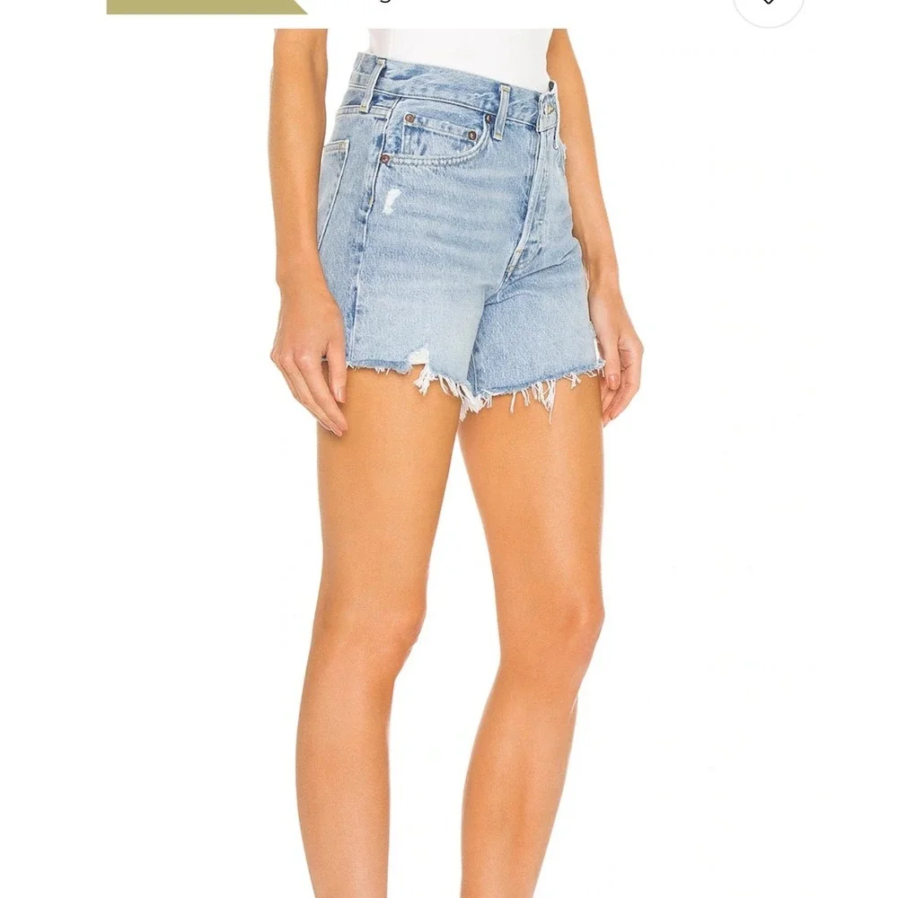 Iconic AGOLDE Parker Long Vintage High Rise Cut Off Denim Shorts Light Wash 26